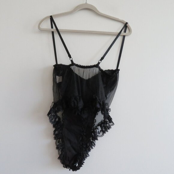 VINTAGE EMIL BOLE Lace Ruffle Black Mesh Velvet Metallic Bodysuit Teddy Goth - Picture 9 of 15